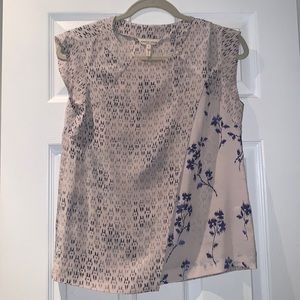 Rebecca Taylor pale blush pink with blue pattern 100% silk sleeveless top 0 zero